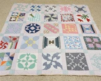 	ANTIQUE HAND SEWN SAMPLER QUILT, APPROXIMATELY 6 FT 4 IN X 6 FT 4 IN
