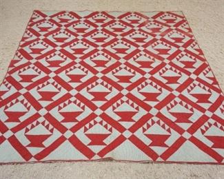 	ANTIQUE HAND SEWN QUILT W/RED FLOWER BASKET PATTERN, SOME WEAR, APPROXIMATELY 6 FT 6 IN X 7 FT 1 IN

