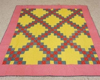 	ANTIQUE HAND SEWN QUILT, IRISH CHAIN PATTERN W/RED BORDER, APPROXIMATELY 6 FT 3 IN X 6 FT 3 IN

