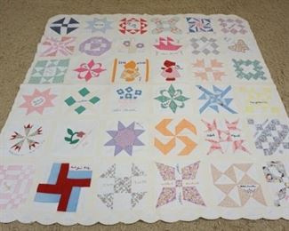 	ANTIQUE HAND SEWN SAMPLER QUILT, APPROXIMATELY 6 FT 2 IN X 6 FT 6 IN
