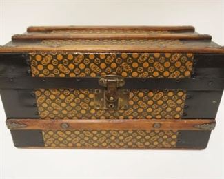 	MINIATURE VICTORIAN EMBOSSED TIN & WOOD TRUNK, W/INTERIOR TRAY, INTERIOR RELINED, APPROXIMATELY 9 IN X 18 IN X 10 IN HIGH
