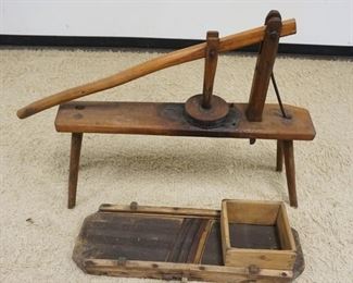 	PRIMITIVE LOT, SPLAY LEG BENCH W/PRESS & SLAW CUTTER
