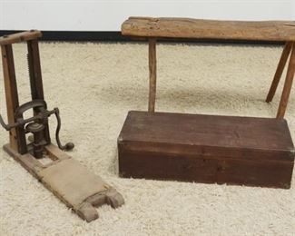 	PRIMITIVE LOT, BEAM POST DRILL, TOOL BOX & SPLAY LEG BENCH, BENCH APPROXIMATELY 41 IN X 10 IN X 22 IN HIGH
