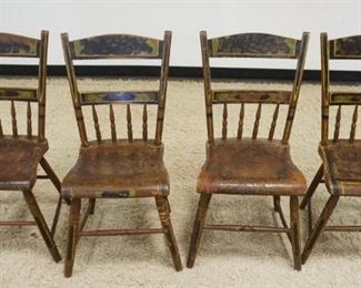 	SET OF 4 ANTIQUE COUNTRY HALF BACK PLANK BOTTOM CHAIRS, PAINT DECORATED
