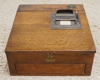 	OAK COUNTRY STORE COUNTER CASH TILL BOX W/INKWELL, APPROXIMATELY 18 IN X 20 IN X 9 IN HIGH

