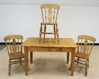 	COUNTRY SCRUB PINE TABLE W/ONE DRAWER & 3 CHAIRS, APPROXIMATELY 29 IN X 48 IN X 30 IN

