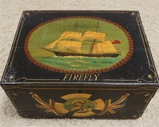 	ANTIQUE PAINT DECORATED WOOD NAUTICAL CHART BOX *FIREFLY* APPROXIMATELY 23 IN X 18 IN X 12 IN HIGH
