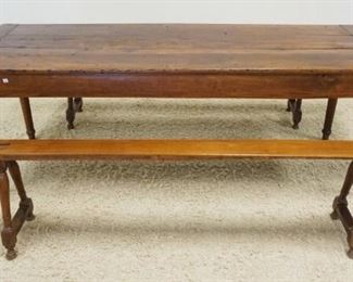	ANTIQUE COUNTRY FARM TABLE, POSSIBLY CHERRY W/BREADBOARD TOP W/DRAWER & PULL OUT SURFACE, 2 SPLAY LEGGED MORTICED BENCHES, APPROXIMATELY 81 IN X 30 IN X 29 IN HIGH
