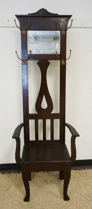 	ANTIQUE OAK HALL SEAT W/COAT RACK, APPROXIMATELY 16 IN X 25 IN X 78 IN HIGH
