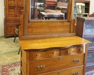 	SOLID OAK SERPENTINE FRONT CHEST W/MIRROR TOP & 4 DRAWERS, MIRROR HAS CRACK, APPROXIMATELY 42 IN X 20 IN X 78 IN HIGH

