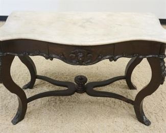 	MARBLE TOP VICTORIAN CONSOLE TABLE W/ONE DRAWER, FRAME HAS SOME LOSS, IN NEED OF REPAIR, APPROXIMATELY 44 IN X 22 IN X 29 IN HIHG
