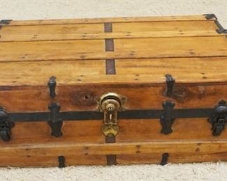 	ANTIQUE WOOD & METAL STORAGE TRUNK W/LEATHER HANDLE SIDES, APPROXIMATELY 22 IN X 36 IN X 14 IN HIGH
