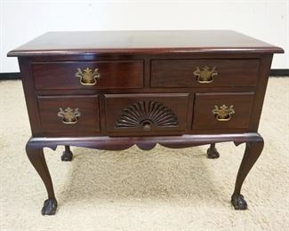 	MAHOGANY 5 DRAWER QUEEN ANNE STYLE LOW BOY, BALL & CLAW FOOT W/CENTER SHELL CARVED DRAWER, APPROXIMATELY 38 IN X 20 IN X 30 IN HIGH

