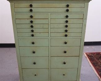 	ANTIQUE WOOD DENTAL CABINET, SOME DRAWERS W/ORIGINAL PORCELAIN INSERTS, APPROXIMATELY 13 IN X 32 IN X 46 IN
