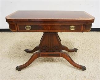 	MAHOGANY FLIP TOP EXTENSION GAME TABLE, TOP HAS WEAR TO FINISH, BASE NEEDS RESTORATION, OPEN APPROXIMATELY 40 IN X 42 IN X 29 IN H
