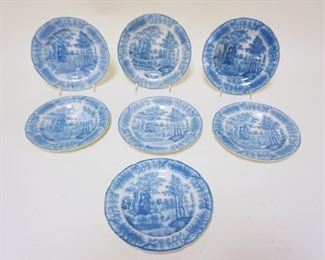 	DAVENPORT STAFFORDSHIRE BLUE & WHITE TRANSFERWARE PLATES GROUP OF 7, ONE W/SMALL RIM CHIP, 8 IN
