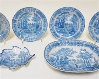 	DAVENPORT STAFFORDSHIRE BLUE & WHITE TRANSFERWARE INCLUDING 4-7 IN PLATES, 9 1/2 IN SERVING BOWL & 7 IN LEAF PLATE, LEAF PLATE HAS HAIRLINE
