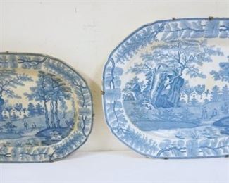 	DAVENPORT STAFFORDSHIRE BLUE & WHITE TRANSFERWARE, 2 LARGE PLATTERS APPROXIMATELY 17 IN X 12 IN & 21 IN X 15 IN HAS CRACKS

