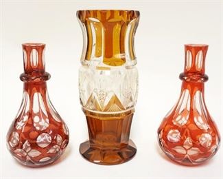1122	LOT OF CRANBERRY & AMBER CUT TO CLEAR VASE & DECANTORS, LARGEST APPROXIMATELY 8 1/4 IN HIGH
