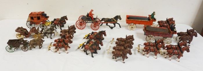 1133	LARGE LOT OF CAST IRON REPRODUCTION HORSE DRAWN TOYS & ACCESSORIES
