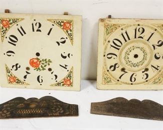 1157	LOT OF ANTIQUE CLOCK WOOD FACES X SCROLLED WOOD TOPS, LARGEST FACE APPROXIMATELY 11 1/2 IN X 12 1/2 IN
