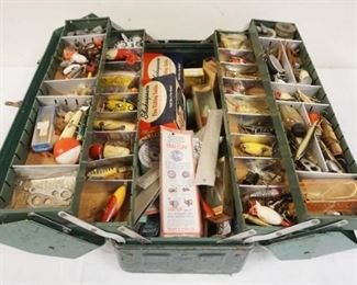1161	VINTAGE FISHING TACKLE, LURES & REELS IN METAL TACKLE BOX, LOADED!
