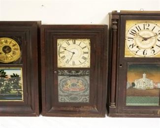 1154	LOT OF 3 ANTIQUE OGEE CLOCKS, ONE DANIEL PRATT JR W/HALF COLUMNS, SETH THOMAS & JEROME & CO, ALL W/LOSSES IN NEED OF RESTORATION, LARGEST APPROXIMATELY 29 IN HIGH
