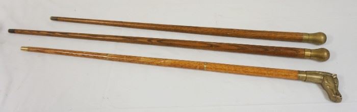 1171	GROUP OF 3 ANITQUE RUSTIC CANES, BRASS TOP CANE & WALKING STICKS W/HORSE HEAD
