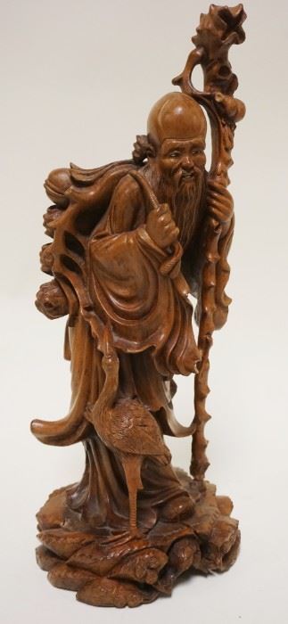 1181	INTRICATE ASIAN WOOD CARVING OF A MAN W/WALKING STICK & BIRDS, APPROXIMATELY 14 1/4 IN HIGH

