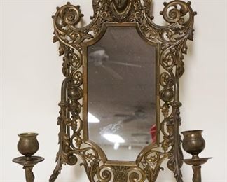 1184	ORNATE BRASS VICTORIAN STYLE HANGING MIRROR W/CANDLE SCONCES, APPROXIMATELY 14 IN WIDE X 19 IN HIGH
