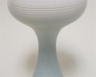 1204	JAPANESE ART POTTERY COMPOTE SHADED WHITE TO PALE AQUA MARKED SAMPLE, 10 1/4 IN H, 6 1/2 IN TOP RIM DIAMETER
