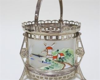 1263	ORNATE CANDLE TEAPOT WARMER METAL STAND W/CENTER REVERSED PAINTED GLASS, APPROXIMATELY 8 IN HIGH

