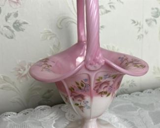 Hand-Painted Signed Pink Fenton Glass Basket, 10"&nbsp;
