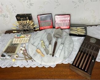 Vintage Hors D'oeuvre & Cocktail Forks, Cheese Knives & Marble Cheese Board&nbsp;
