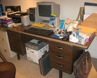 Vintage desk with old HP Pavilion computer and Newer Lexmark printer with box