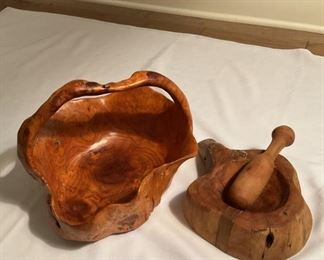 Vintage Burl Wood Bowl and Wood Mortar Pestle