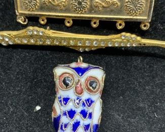 Enamel Asian Owl Pendant, Gold tone brooches, 3

