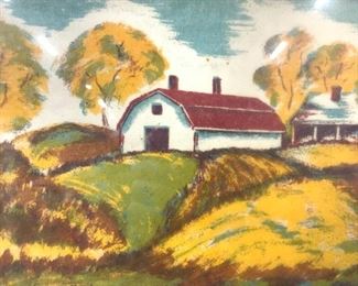 Marked & Framed Barn In Landscape Litho
