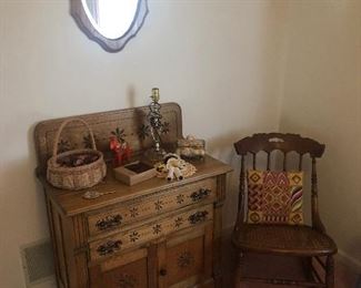Oak commode, sewing rocker