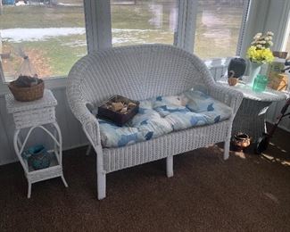 Wicket plant stand, loveseat, table