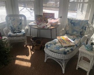 Wicker chair, lounge, plant stand, games