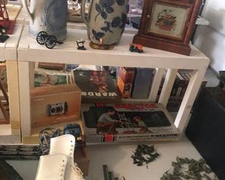Antique Clock, Ice Skates, Army men toys, Erector Set