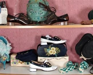 blue vintage shoes, hats, purses