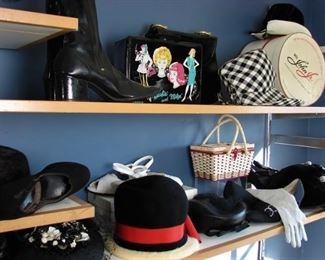 black hats, 1960s black go-go boots (never worn), purses