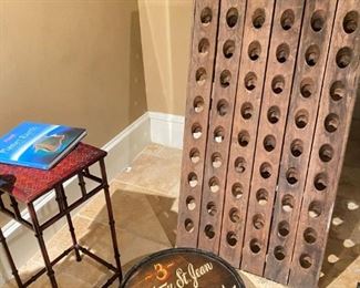 French wine barrel top and antique wine bottle holder from France
