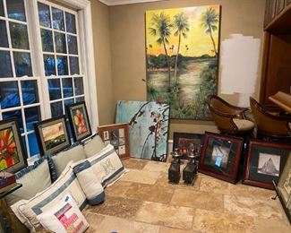 Beautiful throw pillows, pillows for bed, tropical hibiscus framed print and framed tropical flower, framed sail boat prints, LARGE tropical wall canvas painting of palm trees and ocean (bar stools not included.) 2 decor exterior porch lanterns for wall. 