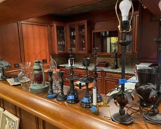 vintage lantern, heavy candle sticks, palm lamps, stained glass small lamp