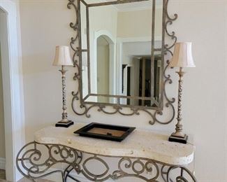 Impressive iron and  console and mirror coquina Limestone