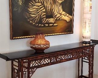 Japanese Bamboo Sofa Table; Cylandar Lamp