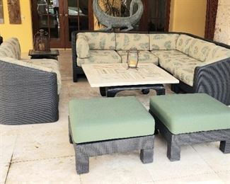 "Wicker" Sectional w/ Large Parquetry Marble-Top Coffee Table & Two Ottomans